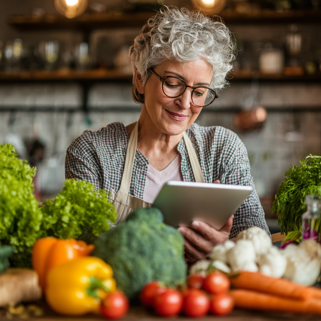 Mature adult reviewing personalized nutrition plan on tablet, surrounded by fresh ingredients