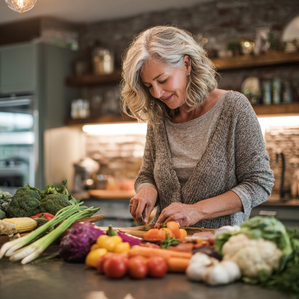 Middle-aged woman preparing fresh vegetables in modern kitchen, representing healthy meal planning